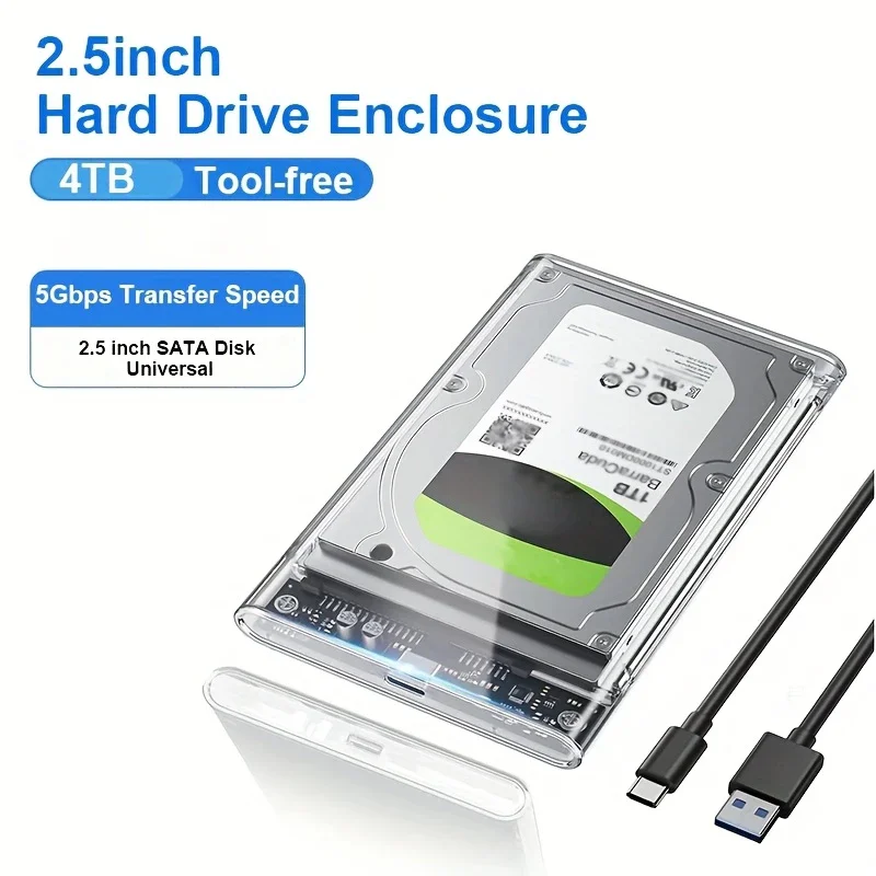 

2,5-дюймовый HDD SSD-футляр SATA-USB 3.1 Type C 4 ТБ Прозрачный корпус внешнего жесткого диска, совместимый с ноутбуком UASP SATA III