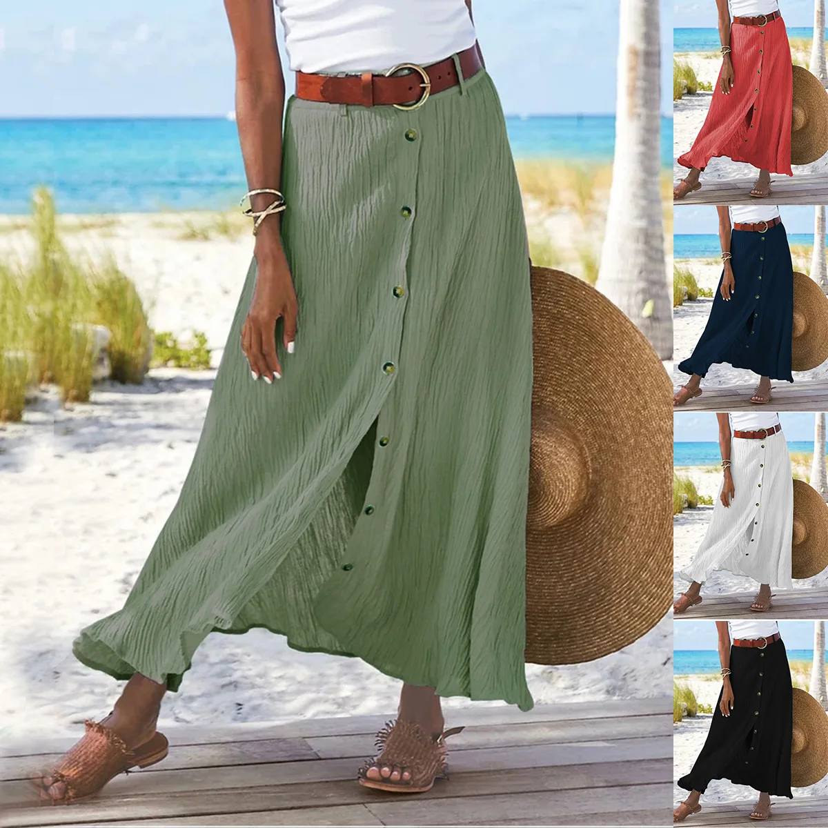 Women Skirt 2026 Spring Summer New Fashion Casual Cotton And Linen Solid Color Buttons Skirt Split A- Line Hip Waist Long Skirt