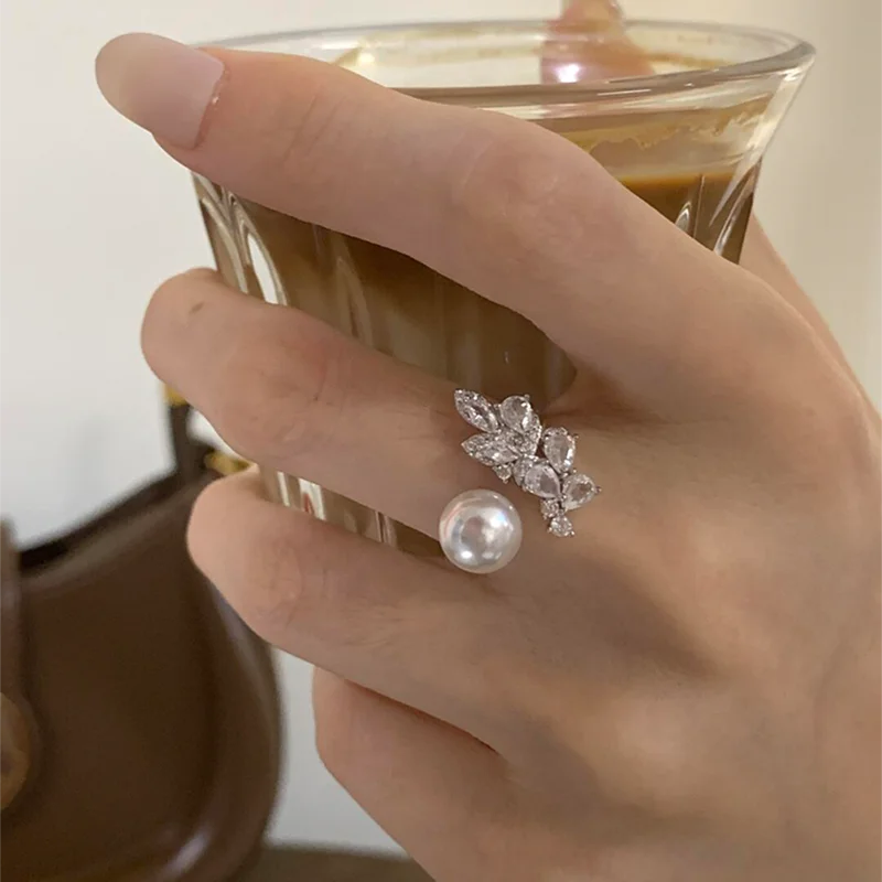 Cincin Mutiara Zirkon Daun Perak Sterling Cincin Jari Desain Pembukaan Rasa Premium Mewah Ringan Prancis