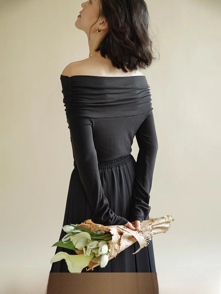 

Slim Fit Knitted oulder Bared One-oulder T-irt Long Sve Base irt Sweet And Spicy Inner Wear Commute Sle Spring S...