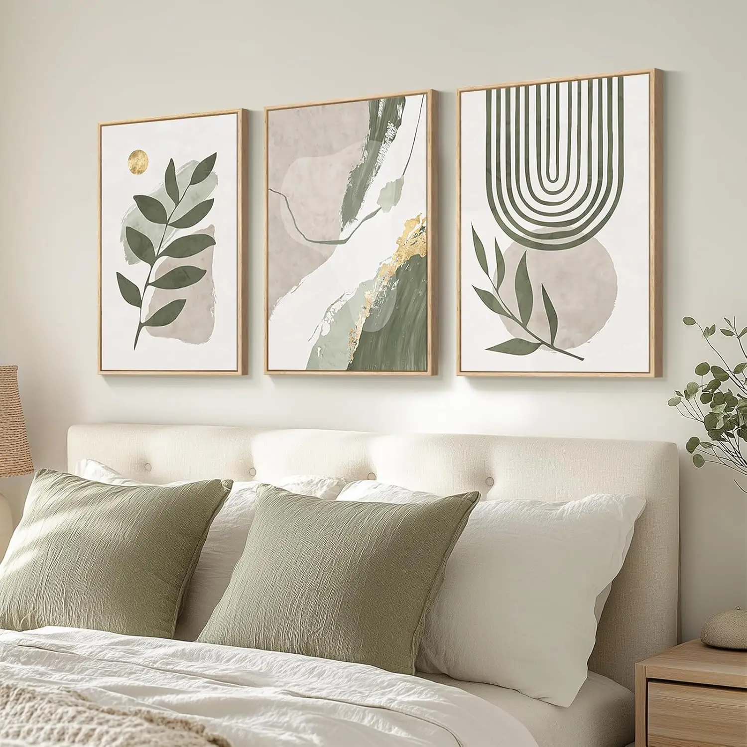 

3pcs Bohemian Grayish-green Abstract Leaf Plants Golden Sun Canvas Geometric Beige Moon Painting Printing Wall Home Decoration