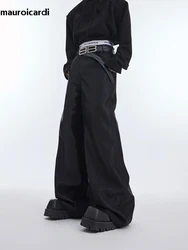 Mauroicardi Spring Autumn Long Loose Casual Glossy Baggy Flowy Soft Black Wide Leg Pants Men Luxury Designer Emo Clothing 2024