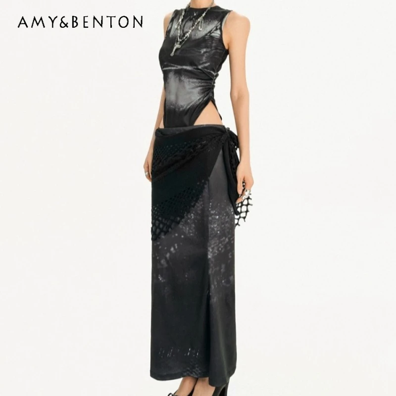 

Original Design Tie-Dye Sparkling Sleeveless Women's Tank Top Summer New Sexy Hot Girl Slimming Slit Mermaid Skirt Set Ladies