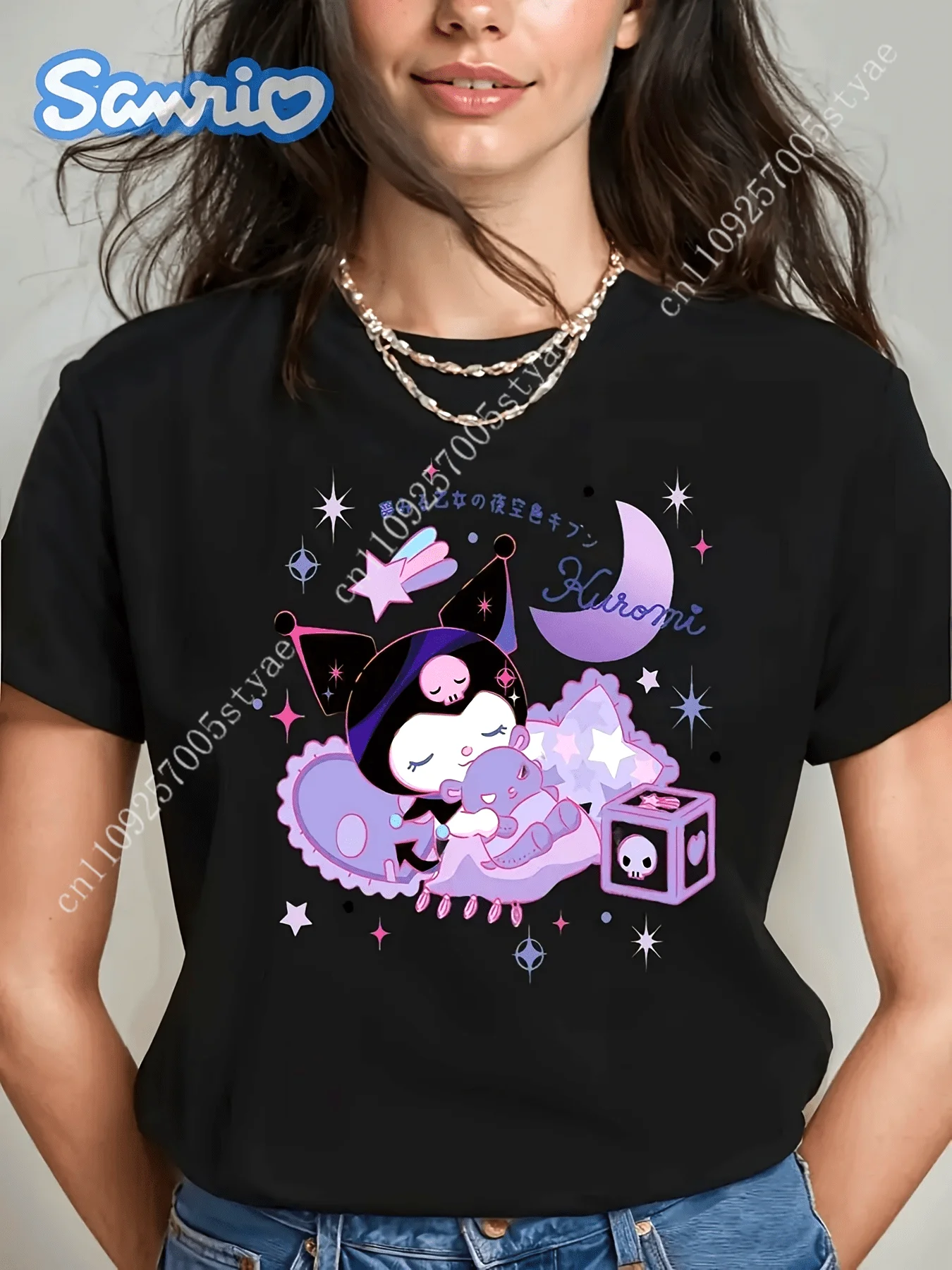 

Sanrio'S Kuromi And My Melody Women'S T-Shirt - Adorable Kuromi Napping in a Tea Cup, Black Anime Top Featuring Pink Stars And P