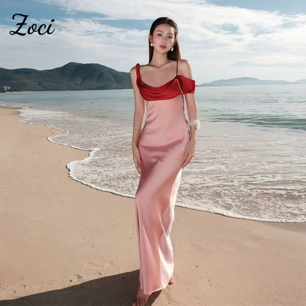 

Zoci Luxury Silk Satin Red Pink Mermaid Beach Wedding Party Dresses Cowl Spaghetti Straps Open Back Special Occasion Gowns