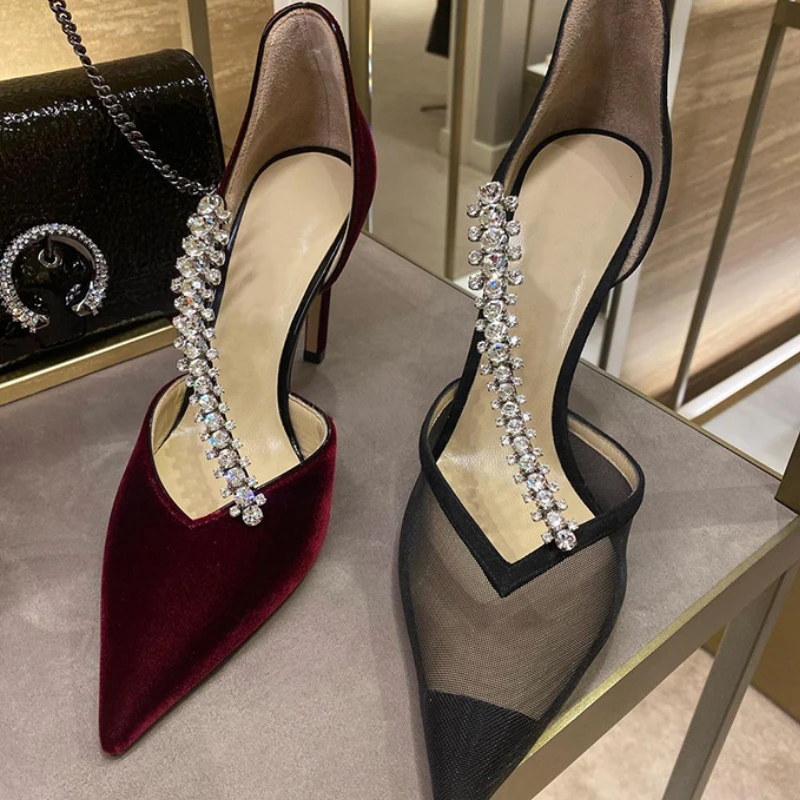 Black High Heels 2024 New Pointed Hollow Rhinestone Fine Heel Banquet Women's Shoes