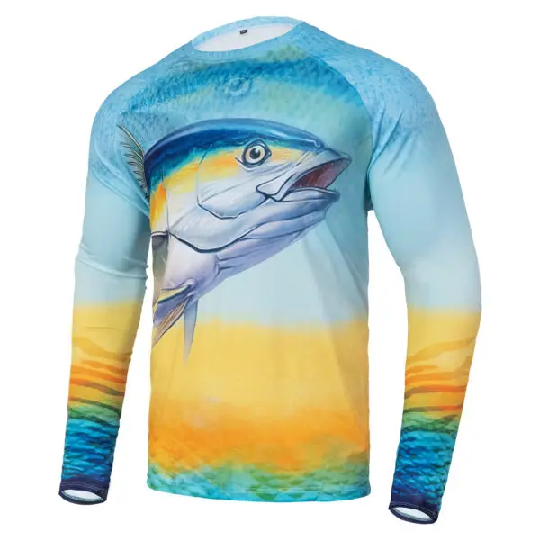Sky-Sea Gradient Tuna Head Print Crew Neck Long Sleeve Tee, Realistic Grand Daily Wear, Inshore Boat Fishing & Angler Gatherings