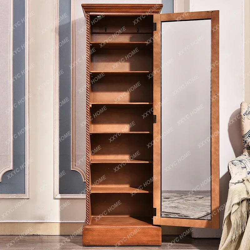 Solid wood  entrance hall entrance balcony storage wardrobe with mirror narrow high cabinet with door FT