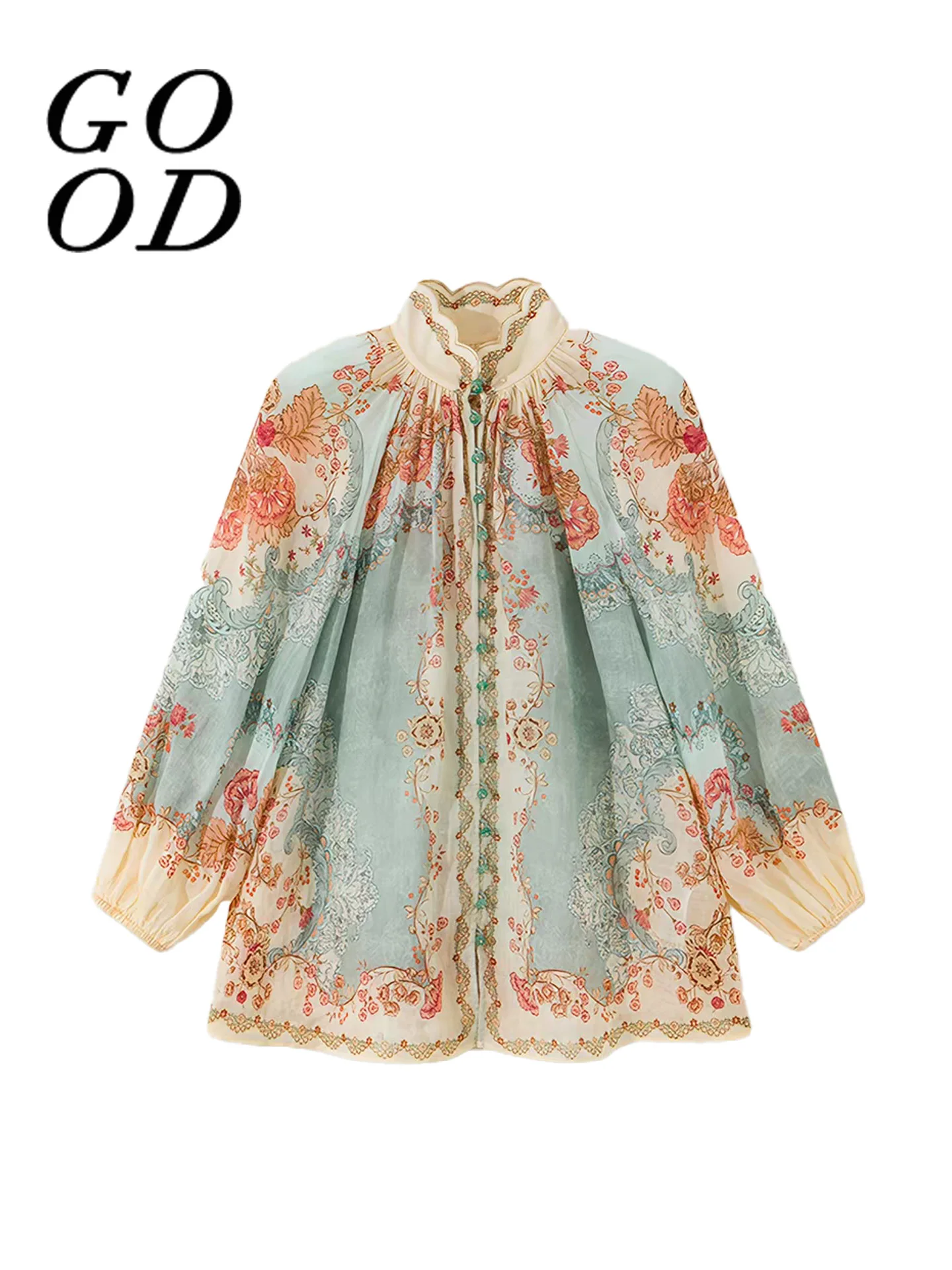 

Elegant Vintage Artistic Shirt Loose Fit Versatile Heavy Worked Retro Floral Polyester Long Sleeve Stand Collar Open Cardigan