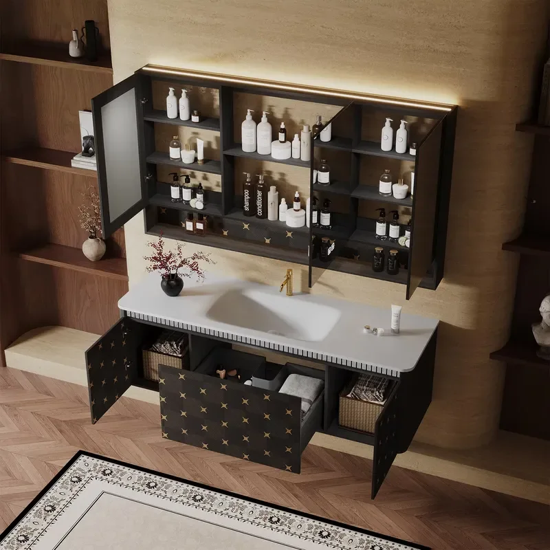Classic French Hotel Style, Sintered Stone Countertop Paired with Solid Wood Cabinet and Smart Mirror/cabinet