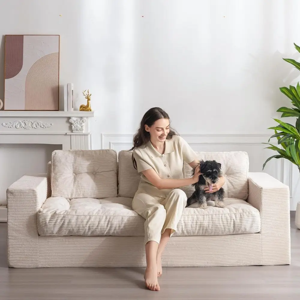 3-Seater BonelSoa Couch, Tuted Corded Soa Lounge or Living Room, Comy Bean Bag Chair High-Density oam Couch with Pillows, No Ass