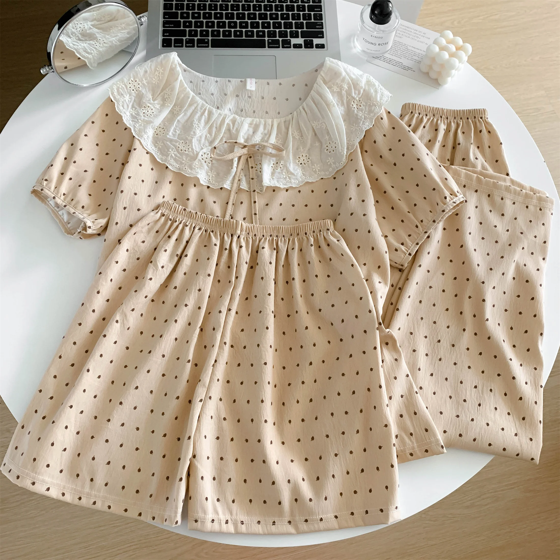 Lace Round Lapel Short Sleeve Women Pajamas Set Summer Polka Dot Print Nightwear Pants Cloud Cotton Female 3 Piece Pyjamas Suit