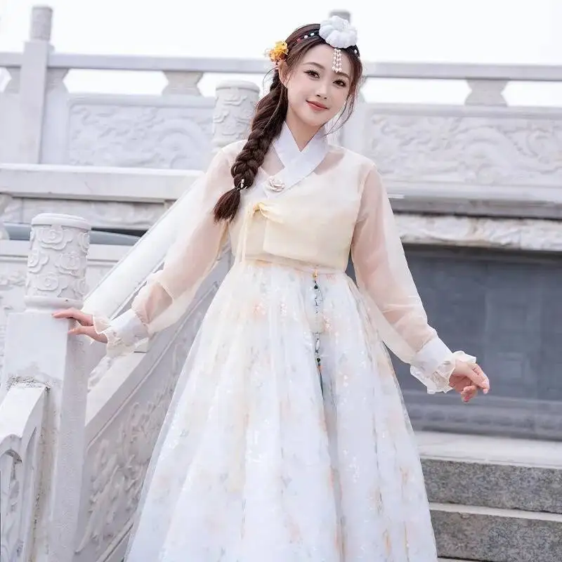 

Yanji Travel Photography New High-end Hanbok Gauze Skirt Women's Korean Court Dress Elegant Long Dress Red