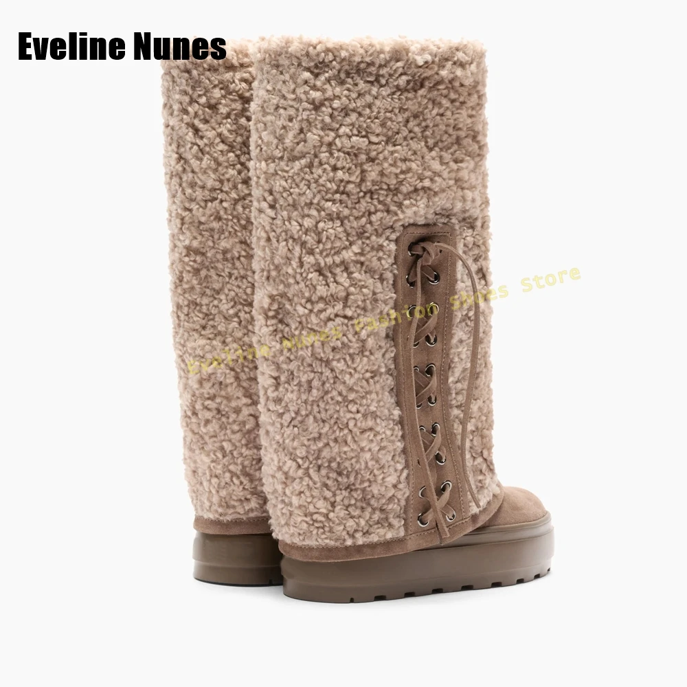 عبر تعادل الفراء كم الأحذية جولة تو حذاء بكعب سميك منصة سحب على المرقعة النساء الشتاء حذاء برقبة للركبة الثلوج موضة أحدث #3