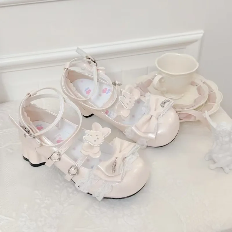 

Woman Pumps 2025 Summer New Pink Kawaii Cute Pearl Lolita High Heels Round Toe Platform Mary Jane Shoes for Women