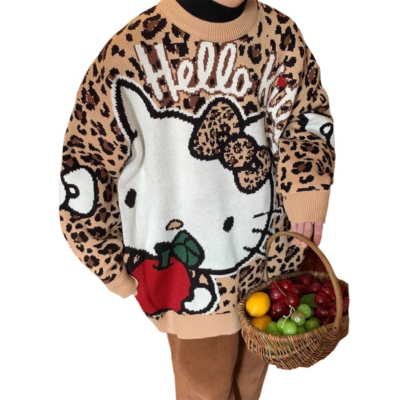 

Kawaii Hello Kitty Leopard Print Round Neck Loose Knitted Sweater Women Autumn Winter Warm Knitted Top Academy Sweet Pullovers