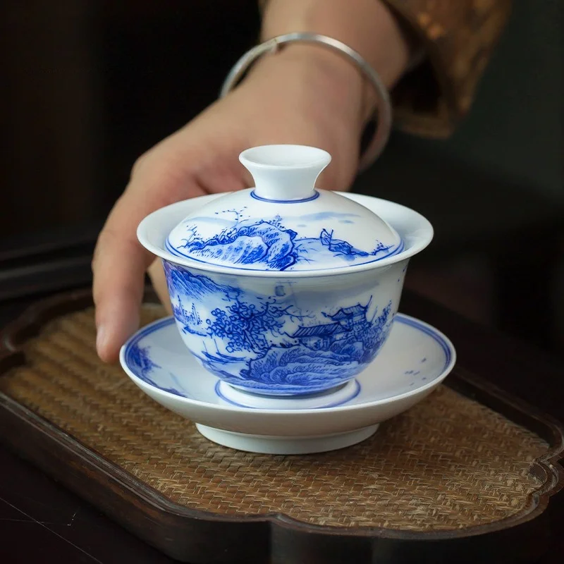 Jingdezhen Hand Painted Blue White Landscape Gaiwan Underglaze Three Talent Bowl Kung Fu Tea Tea Room Office Holiday Gift