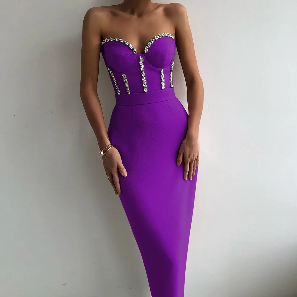 2024 Summer Strapless Bandage dresses Bodycon Sexy Sparkling Diamond Decoration Hip Covering Evening Party Bandage Midi Dresses