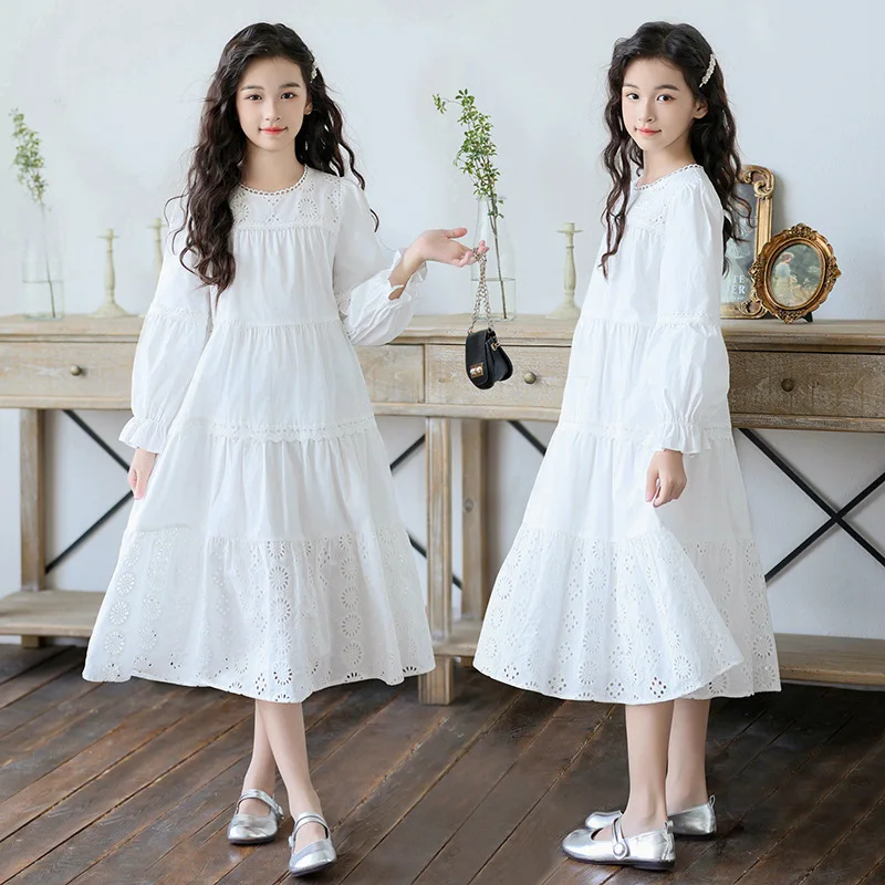 2026 Spring Long Sleeve Princess Dress for Girls White Lace Trim Hollow Out Birthday Parties Dress for Teen School Kids Clothes