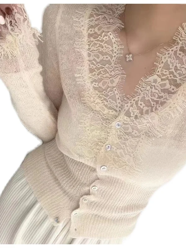 

Корейский вязаный свитер с кружевом Sle V-Ne, пальто, женское модное весеннее новое поступление, Dongda Gate 2025