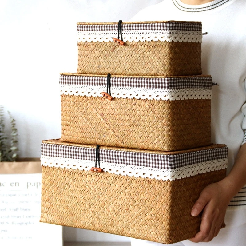 Seaweed Woven Box Grass Basket with Lid Household Storage Snack Rattan Fabric Rectangle Bedroom Sort Out Boxes