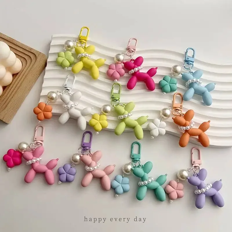 Flower Acrylic Balloon Dog Cartoon Cute Keychains Key Ring Women Men New Bling Cute Pet Bag Car Holder  Friend Gift