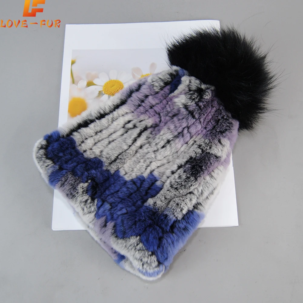 Real Fur Beanies Hats Women Good Elastic 100% Natural Rex Rabbit Fur Cap Lady Winter Warm Knit Fur Hat With Fox Fur Pompoms Hats