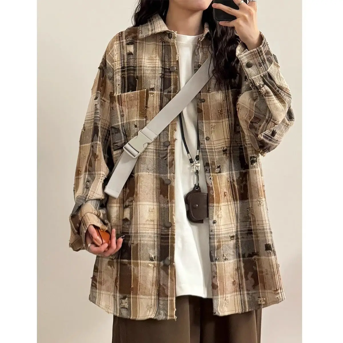 

Retro American Streetwear Dyeing Floing Men's Long Sve irt Tear Hole Stand Fit Polyester Spring Autumn Casual irt