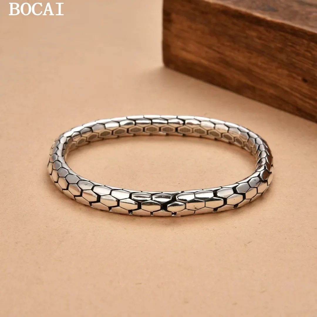 S925 Silver Retro Personalized Unisex Minimalist Texture Geometric Snake Shaped Bracelet