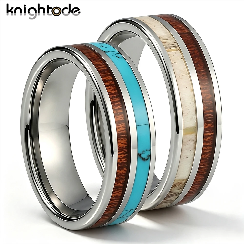 8mm Tungsten Carbide Rings for Men Women Turquoise Antler Inlay Wood Wedding Band Polished Comfort Fit Couple Promise Rings Gift