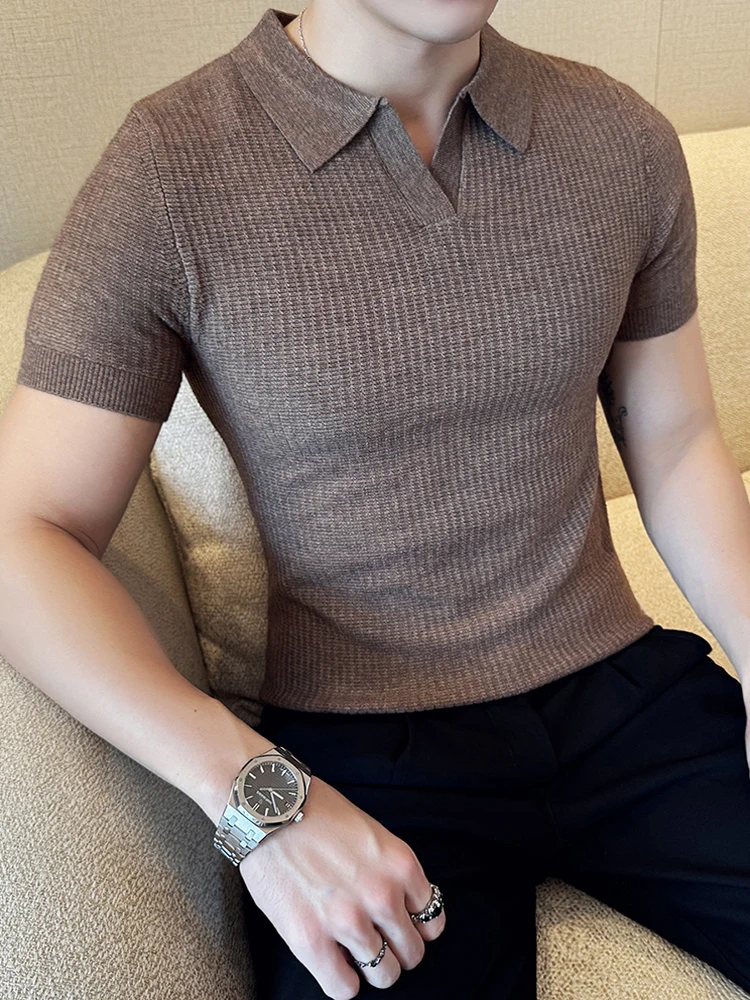 

Модный новый мужской вязаный свитер с отложным воротником, приталенный крой, осенняя новинка, молодежный тренд