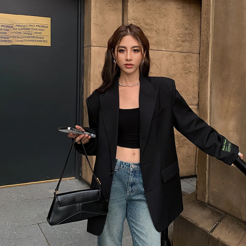 الشارع الأمريكي المتضخم السترة للنساء خمر محززة طوق رداء غير رسمية سترة امرأة ربيع الخريف الاتجاه Y2K الحلل معطف #4