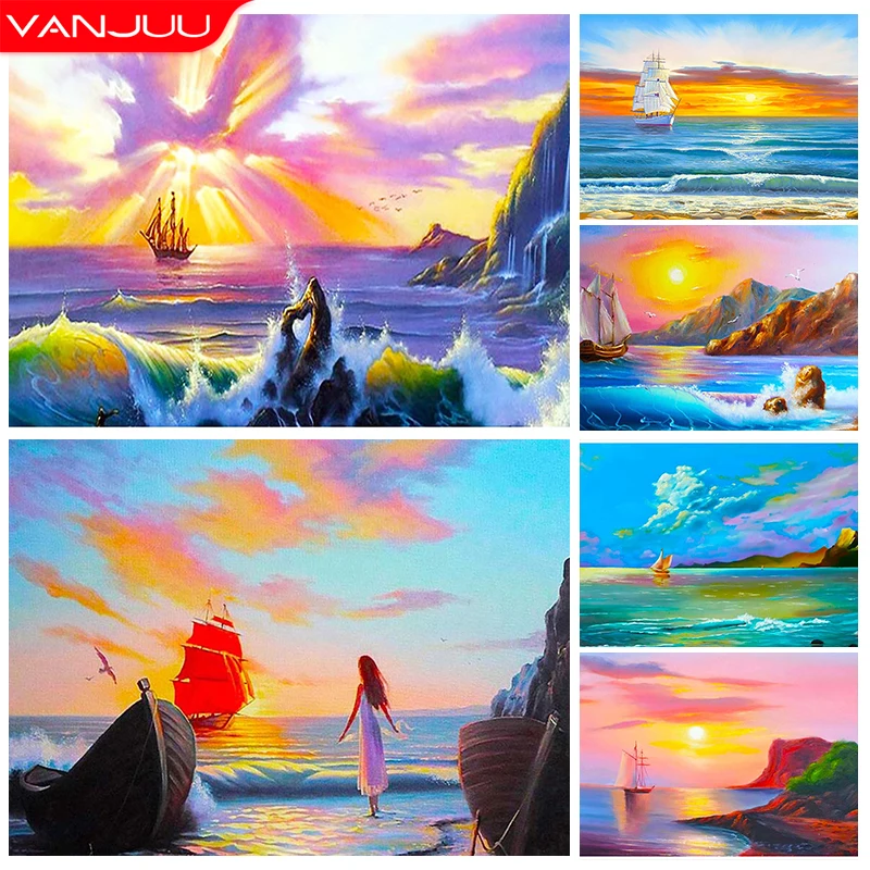 

Seaside Sunset Diamond Painting 5D Landscape Full Round Drill Pictures of Rhinestones DIY Wall Art Home Decor Gift