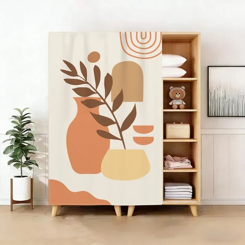 Morandi Geometric Botanical Painted Cabinet Curtain Dust Cover Boho Drape for Shelf Decor Curtain Panel No-Drill Velcro Curtain
