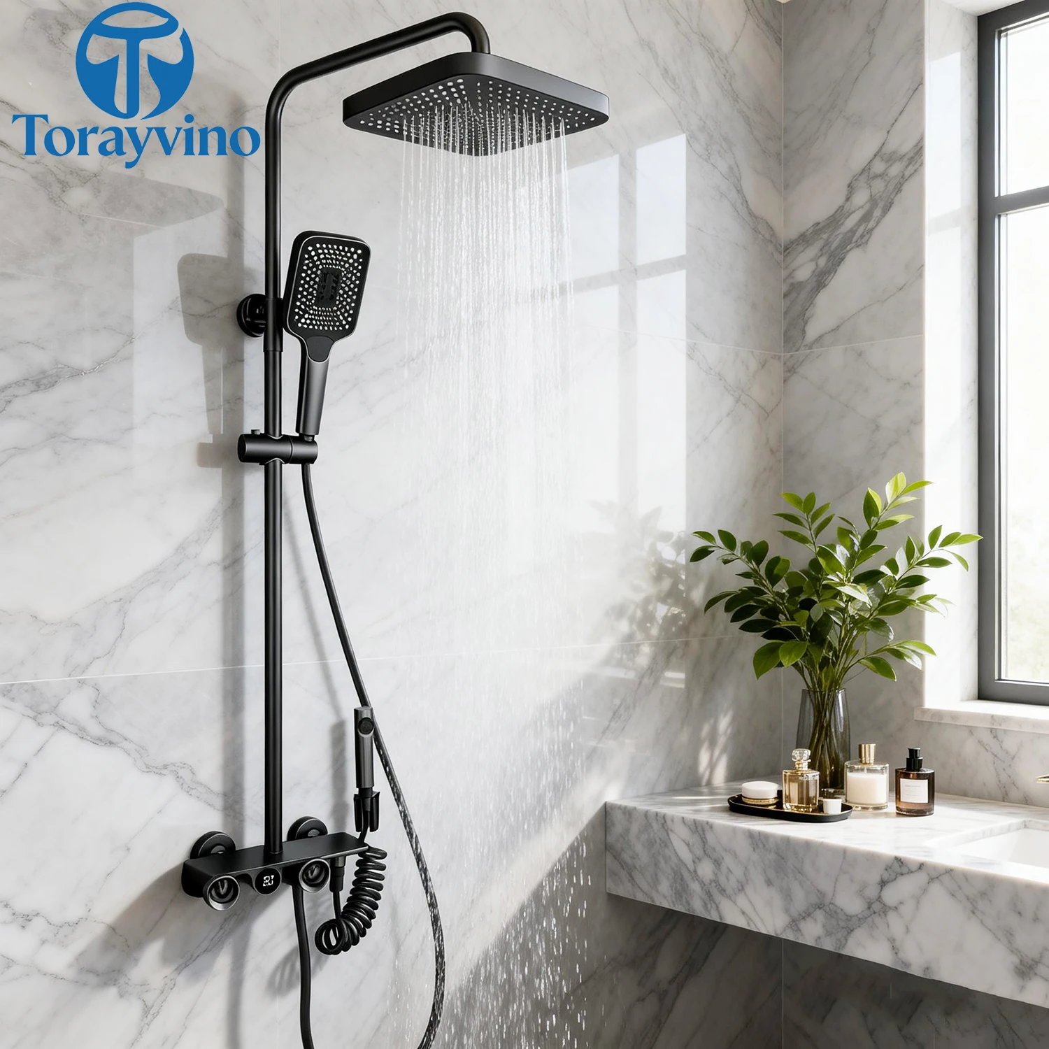 Torayvino LED Digital Bathroom Shower Set Thermostatic System 3 Level Water Outlet Handheld Shower Bidet Faucet Tap Wall Mounted