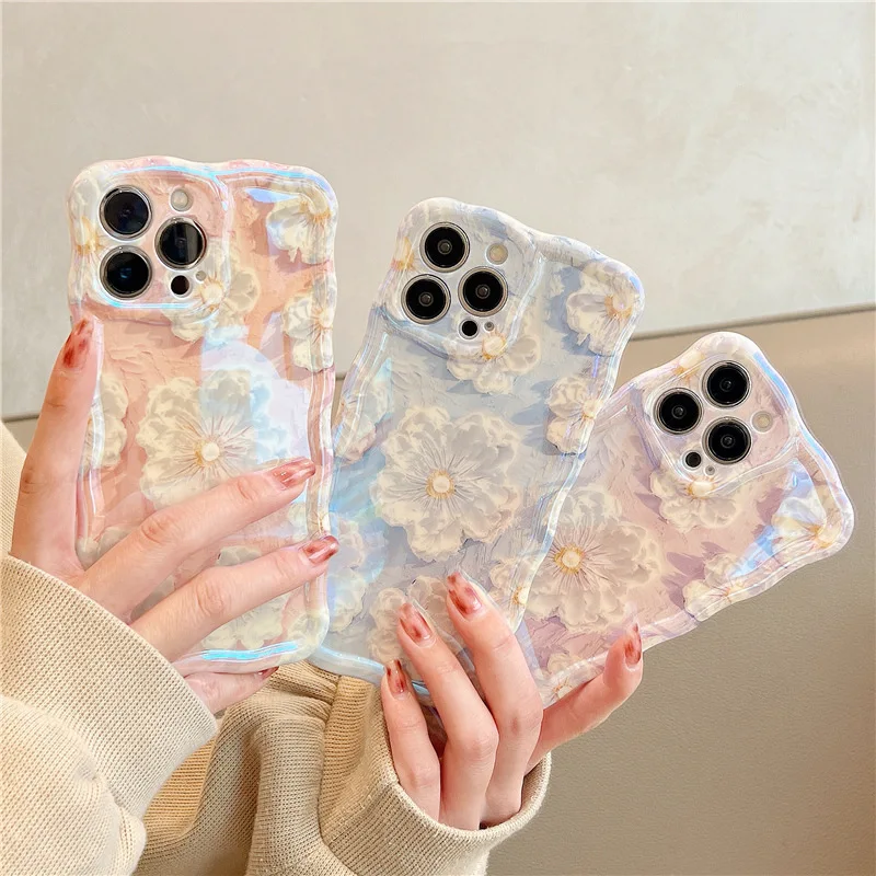 Ins Fresh Style Oil Painting Flower Blue Light Phone Case for IPhone 14 13 12 11 Pro Mini XS Max 8 7 Plus X Shockproof Cover