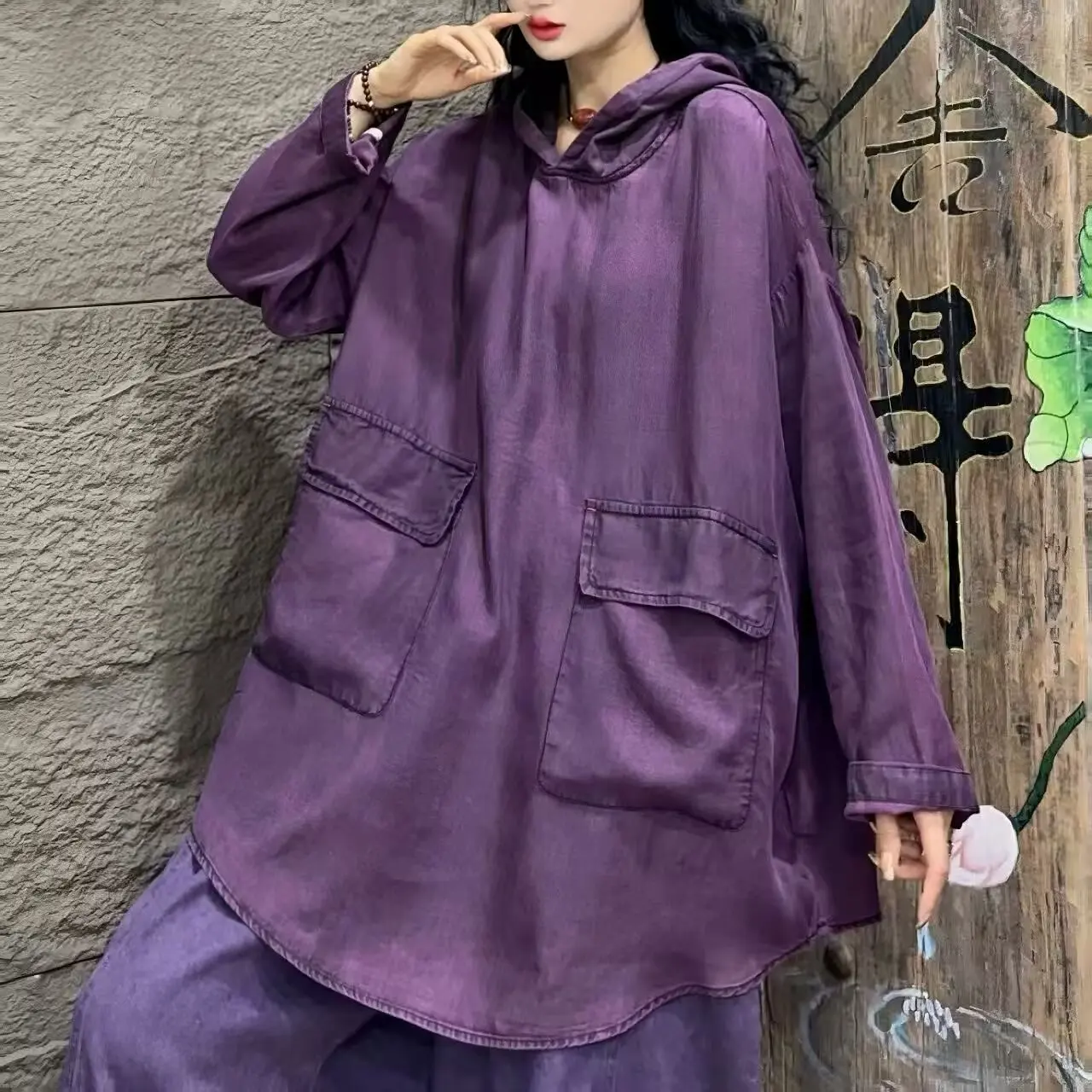 

SuperAen Fashion Solid Color Denim Long-sleeved Tops Spring New Double Pocket Hooded Mid-length Turtleneck Women's Sweatshirts