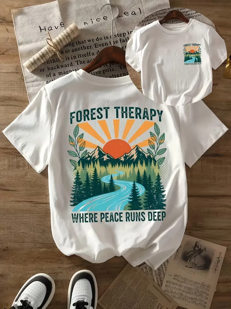 Front & Back Printed T-shirt with Please Keep Me Wild Mountain Forest Graphic,Outdoor Hiking Nature Top Daily & Adventure Wear