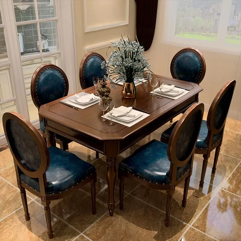 American rural solid wood dining table and chair combination for 6 people to eat rectangular dining table