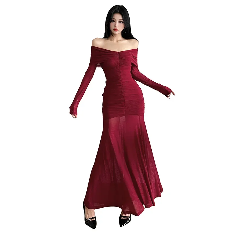 Fashion Trend Autumn Winter New Women\'s Dress Solid Color Temperament Sexy One-Line Collar High Waist Waist Dress Women