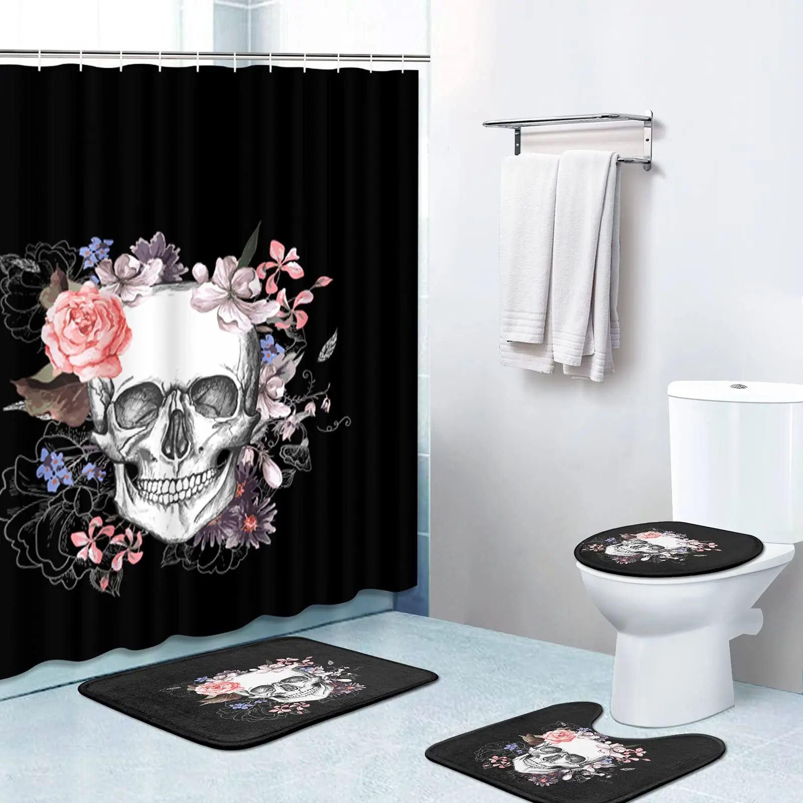 Black Skull Skeleton Printed Shower Curtain Set Horrible Halloween Festival Bathroom Curtain Sets Decor Pedestal Rug Lid Carpet