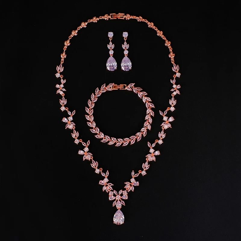 Ekopdee Gorgeous New Luxury Shiny Cubic Zirconia Teardrop Necklace Earrings Bracelet Jewelry Sets For Wedding Women Jewellery