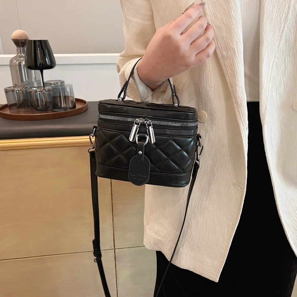 Black Mini Quilted PU Handbag, Solid Color Ladies Purse with Top Handle & Shoulder Strap, Classic Shoulder Bag