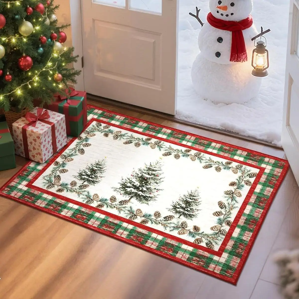Weihnachtsroter karierter Türteppich für den Eingangsbereich, Küchenteppiche für den Innenbereich mit Weihnachtsbaum, kleine Fußmatte, Weihnachtsdekoration für Schlafzimmer