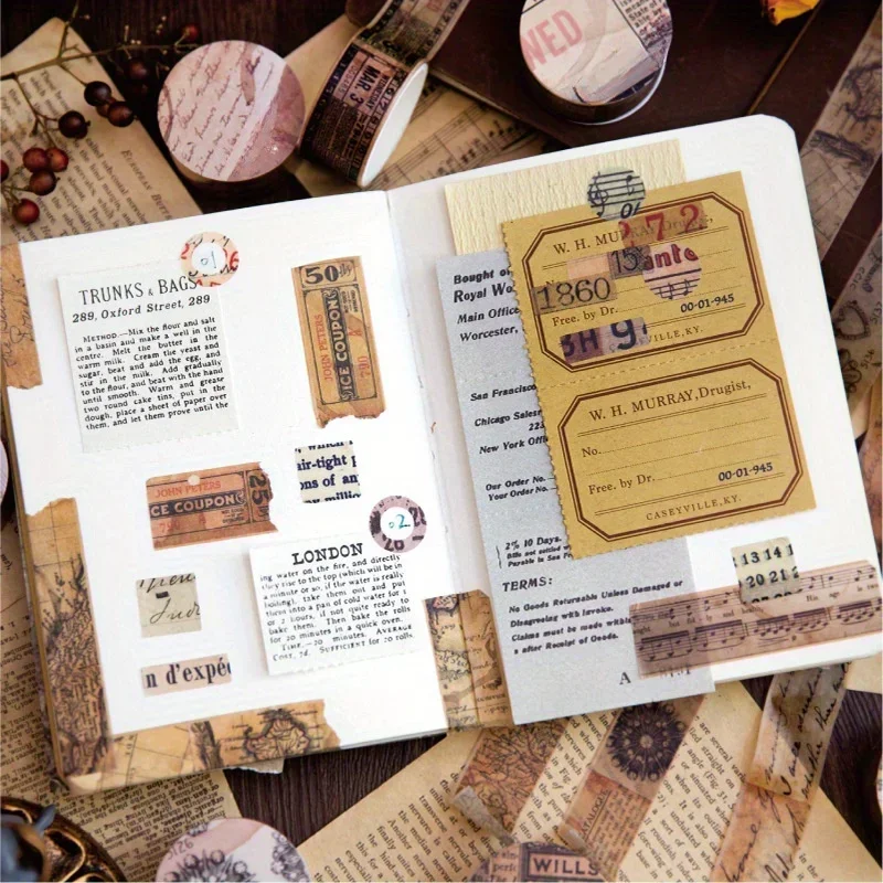 Vintage Script Washi Tape Retro Newspaper Postmark Floral Decorative Tape for Junk Journal Scrapbooking Planner DIY Art Craft