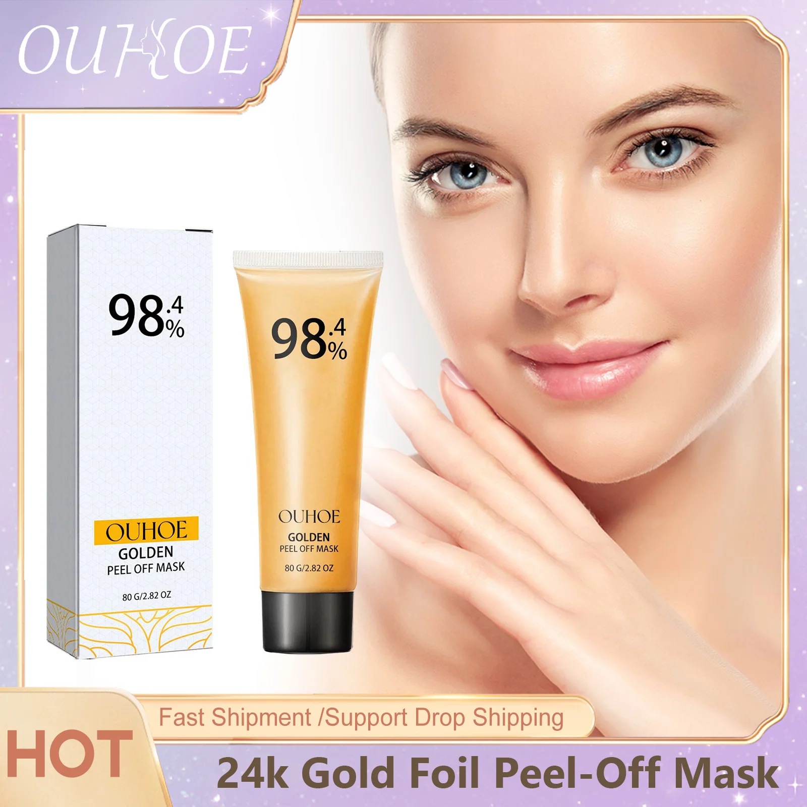 

OUHOE 24k Gold Foil Peel-Off Mask Blackhead Remover Oil Control Firming Facial Pore Cleaning Kojic Acid Peal-Off Face Mask 80g