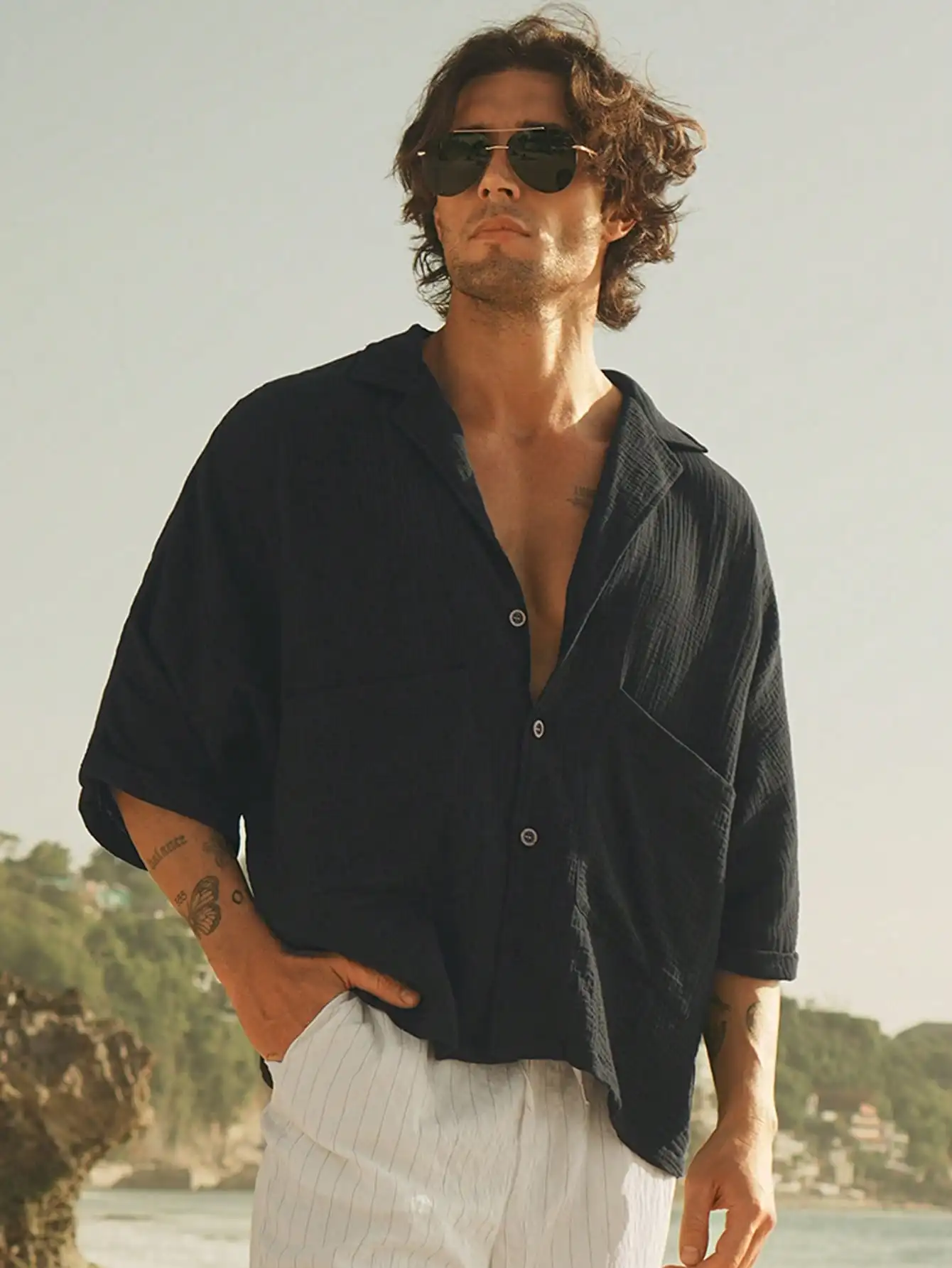 

Men's Loose Fit Crinkle Cotton Shirt with Lapel Collar and Front Pocket, Three-Quarter Sleeve