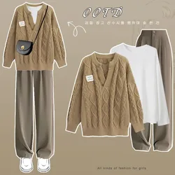 Women's Autumn Winter New Fashion Suit Korean Elegant Knitting Sweater+White Long Sleeve+Pants Three Piece Set Female Clothing