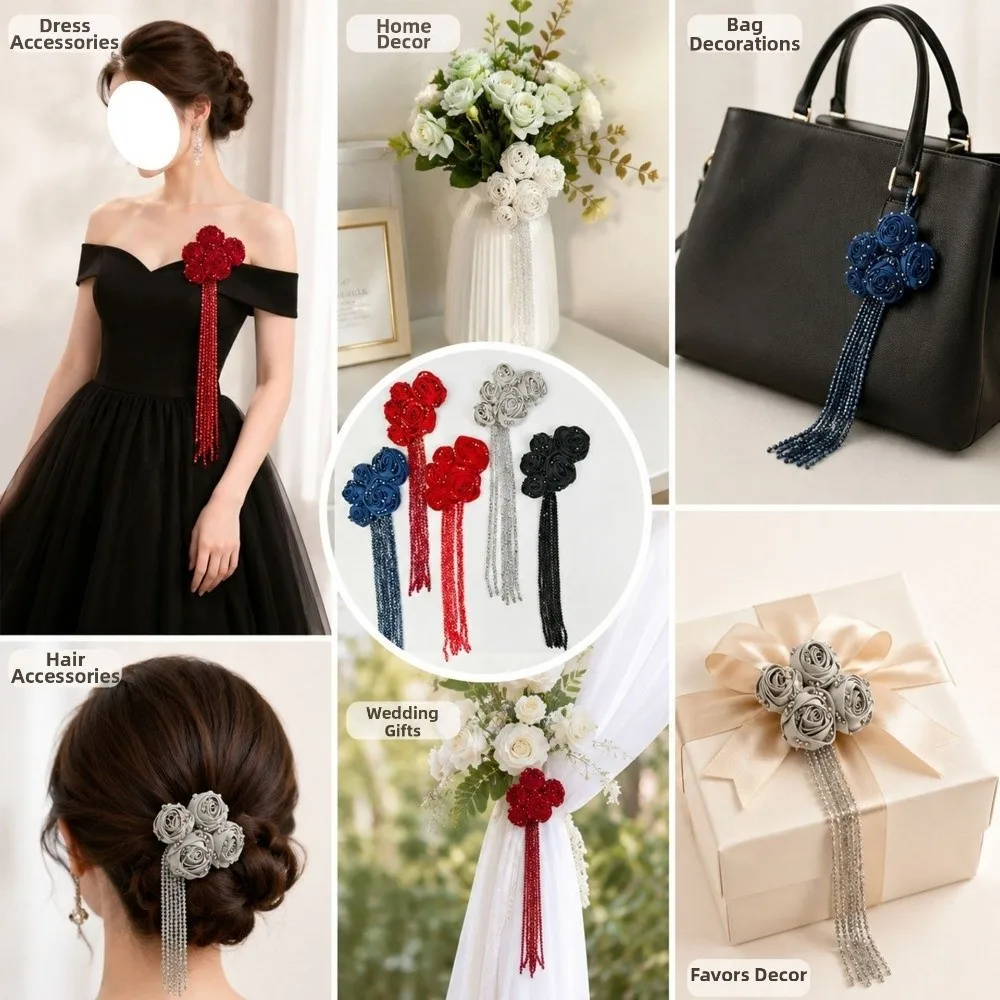 Satin Material Fabric Flower Appliques Tassel Details Crystal Beads Hand-Sewn Embellishments Rose Design Multi-use