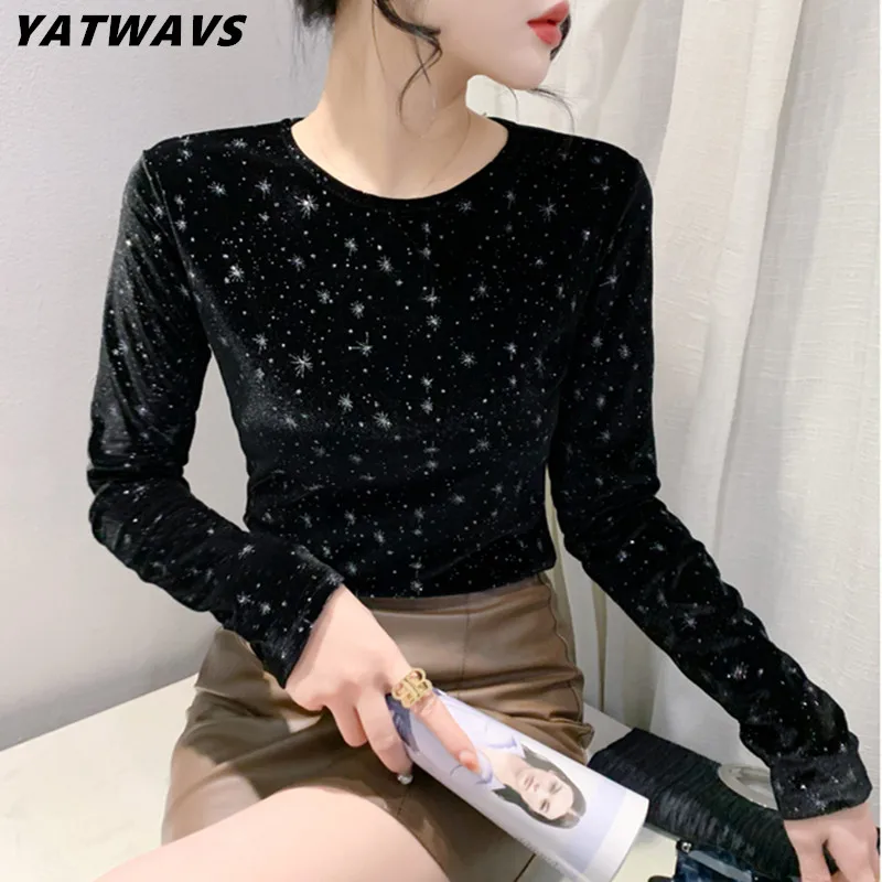 Runway Spring Autumn Women Stretch Velvet T-Shirts Lady Long Sleeve Vintage Tops Slim Shirts Sexy O-Neck Chic Shiny Tees Blouse